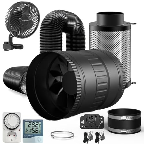 Brogachy 150 mm Kit ventilazione,Ventola Aspirazione 452m³/h,con ventilatore a clip 10 W, regolatore di velocità, filtro a carbone attivo, tubo scarico, manicotto in gomma, sistema di ventilazione