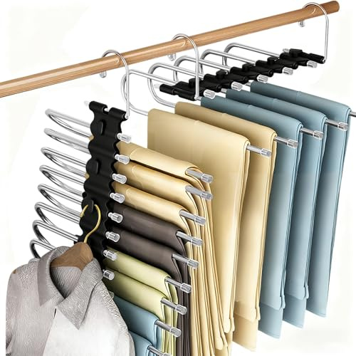 Sudnsadaks 2 Pcs Grucce Pantaloni Salvaspazio, 9 in 1 Pieghevole Acciaio Inossidabile Grucce Appendini Armadio, Antiscivolo Multifunzione Appendiabiti Porta Gruccia Pantaloni per Donne e Uomini