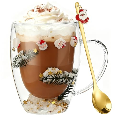 Weihnachtstassen Glas, 350 ml Weihnachtsgläser mit Löffel Doppelwandige Gläser Weihnachten, Latte Tasse Weihnachten Geschenke für Frauen Weihnachtsglas Weihnachtstassen（Weihnachtsmann）