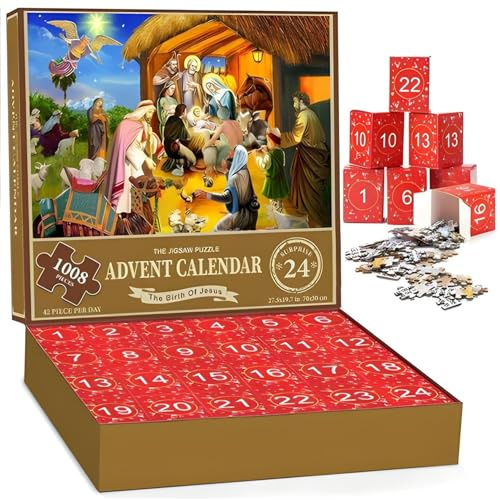 Christmas Advent Calendar 2024, 1008 Pieces Jigsaw Puzzle, 24 Days The Birth of Jesus Christmas Countdown Calendar, Nativity Advent Puzzles for Adult Kids
