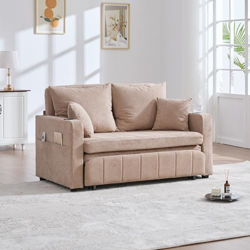 Sofá de dos plazas con función de dormir, sofá cama extensible, sofá plegable multifuncional, con bolsa de almacenamiento, portavasos y 4 cojines, sofás pequeños para habitaciones pequeñas, color