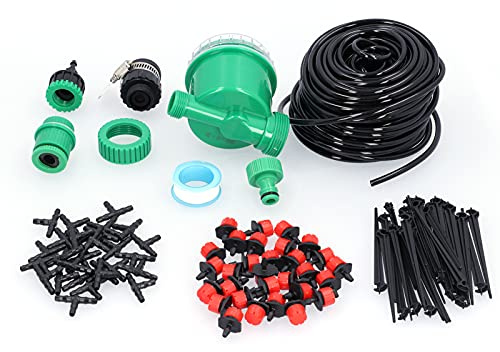 Kit d'irrigation goutte à goutte de 25 m avec minuterie automatique, goutteurs réglables, tuyau en PVC, convient aux robinets G1 2 G3 4, pour l'arrosage des plantes de serre de