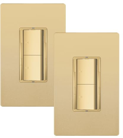 LIDER Dual Rocker Light Switch and Slide LED Dimmer, Combination Light Switch and Dimmer, 1-Pole, No Neutral Required, Wall Plate Included, UL Listed, Thermoplastic, Matte Gold, 2-Pack