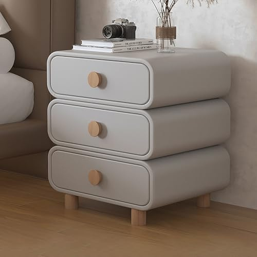 Moderna mesita de noche con 3 cajones, patas rústicas de madera maciza, mesa decorativa curvada para almacenamiento de dormitorio y sala de estar, acabado de cuero gris claro, 40 cm