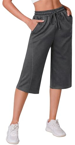 Crewhpo Women's Capri Sweatpants 3/4 Length Cropped Trousers with Pockets | Elastic Waist, Drawstring, Straight Leg, Loose Fit, Tracksuit Bottoms, Jogging, Running, Summer Casual, Daily Wear