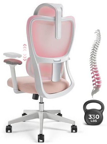 Warmiehomy Ergonomic Mesh Office Chair, Supported Computer Chairs, Pink | 90-155° Recline Comfy Office Chair, Breathable, Adjustable Lumbar Support & 4D Armrests, Work Chair for Adults Home Office