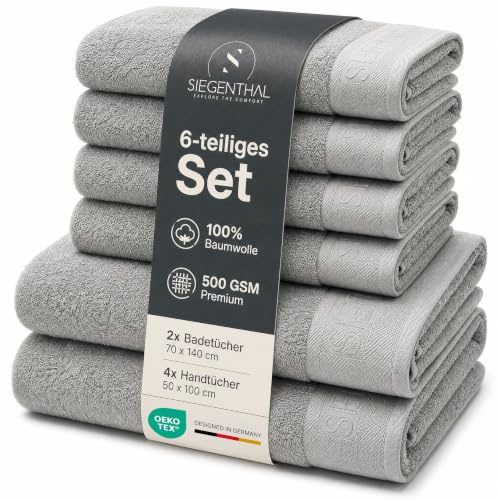 SIEGENTHAL® Handtuch Set 6-teilig aus 100% Baumwolle – 2 Badetücher 70x140 cm & 4 Handtücher 50x100 cm für Bad & Gäste-WC, Weich, Saugstark, Schnelltrocknend - Hellgrau