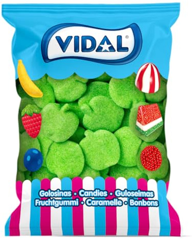 Vidal Golosinas. Manzanas azúcar. Golosina con forma de manzana recubierta de azúcar con increíble sabor a manzana.Color verde.Sin Gluten. Sin Grasa. Bolsa de 1 kg.