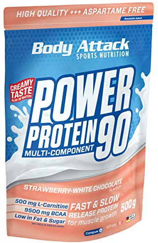 Body Attack Power Protein 90, Fragola-Cioccolato bianco, 500g, 5K proteine in polvere con proteine del siero di latte, L-carnitina e BCAA per la costruzione muscolare e il fitness.