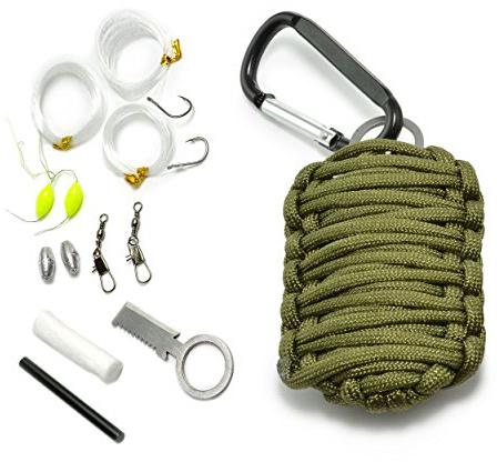 Ganzoo Paracord 550 Survival Kit, 12 Teile Notfallausrüstung, Olive, 3,4 m Seil, 51 g, Karabiner zum Anclippen, Mini Messer, Mini Säge, Feuerstahl, Zunder, Aluminiumfolie, Angelschnur, Haken, Wirbel