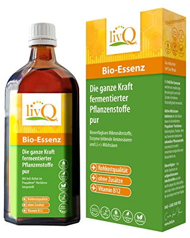 livQ Bio-Essenz pur - Fermentiertes Naturkonzentrat • Vitamin B12 fürs Immunsystem, Fruchtig-saurer Geschmack mit 31 Zutaten, Rohkost, Glutenfrei, Mit Milchsäurebakterien, 250ml für 1 Monat