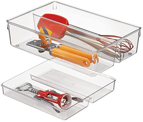 mDesign Schubladen-Organizer - zweiteilige Aufbewahrungsbox für die Küchenschublade - verschiebbarer Besteckeinsatz mit 4 Fächern für Küchenutensilien - aus beständigem Kunststoff