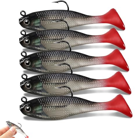 WYSUMMER Fishing Lure Set, 5Pcs 8cm Soft Bait Head Sea Fish Lures Fishing Tackle Sharp Treble Hook T Tail Artificial Bait (1A)
