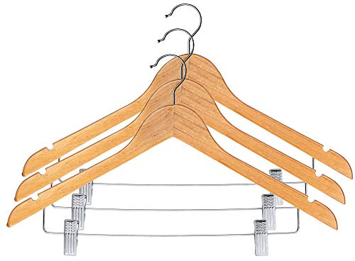 Cintre KADAX en Bois avec Clips Métalliques, Deux Encoches, Crochet Rotatif à 360°, pour Vêtements, Pantalon, Chemise, Jupe, Costume, Veste, Antidérapant (3)