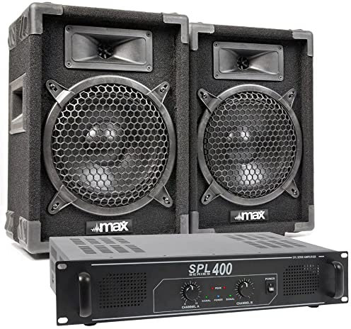 MAX8 Kit Sono DJ Ensemble Complet de Haut-Parleurs avec Amplificateur 400W - Idéal pour Animer Vos Soirées