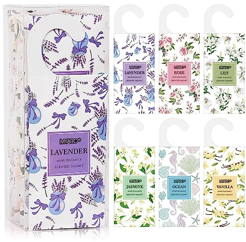MYARO 12 Packs Large Sachets for Drawer & Closet Air Freshener Scent Potpourri Bag Long Lasting Deodorizer 6 Scents - Lavender, Rose, Jasmine, Ocean, Vanilla, Lily