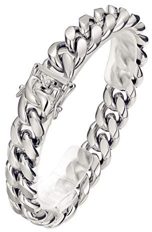 ROWIN&CO Stainless Steel Miami Cuban Link Bracelet for Men 15mm 18k Gold/Black/Silver/Rainbow Hip Hop Jewelry, Durable & Anti-Tarnish Cuban Chain, 8-9.5 Inch, Pops Gifts For Fathers Boyfriends, Sons. (Silver, 8 inch)