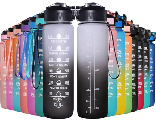 GeeRic Botella de Agua 1L, Botella Agua Gimnasio con Pajita Portátil con Escala/Indicador de Tiempo Botella de Bicicleta para Gimnasio, Escuela,Deportes,Ciclismo (Blanco y Negro)