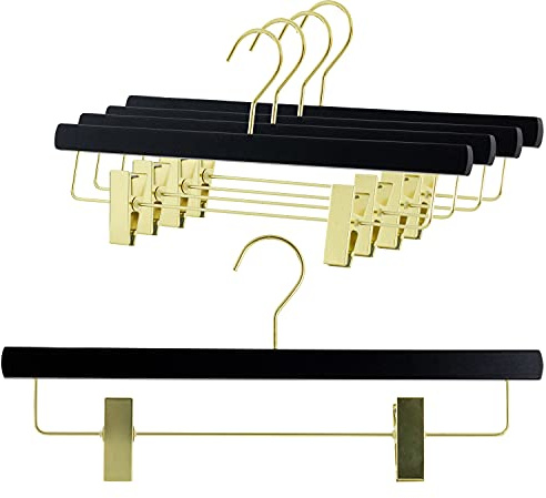 MAWA by Reston Lloyd, European Wooden Hanger, Beech Wood Hanger with Adjustable Pant Clips, Rotating Gold Hook, Black Finish, for Pants, Shorts, & Skirt Clothes Hanger (27415), Set of 5