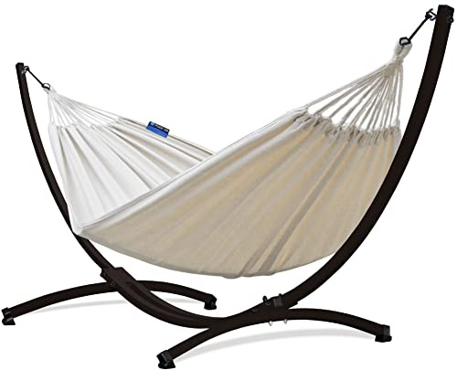 Potenza Outdoor Hängematte mit Gestell für 2 Personen I Baumwolle Doppelhängematte XXL 220x160, 200kg I Hängemattengestell 220kg, wetterfest (Ecru, Gestell Braun)