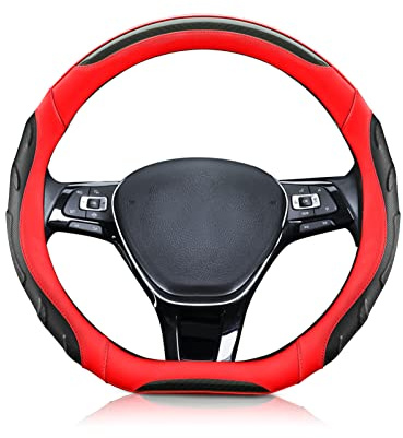 Ergocar Forma di D Sportivo Coprivolante per Auto, Fibra di Carbonio & Pelle in Microfibra Traspirante Moda Lussuoso Copertura di Volante Antiscivolo 38 cm(15), Rosso