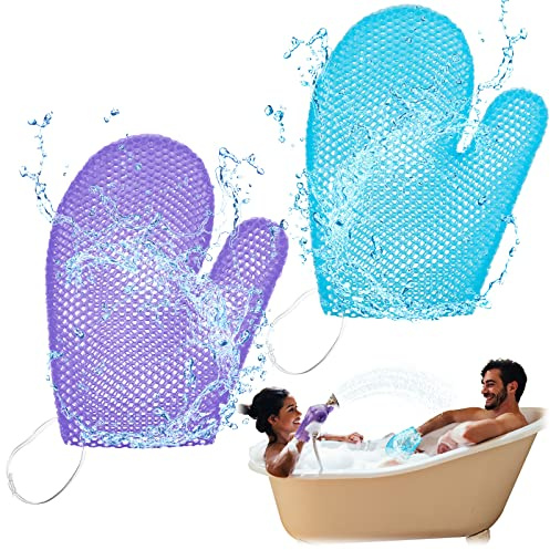 Karenhi 2 Pcs Honeycomb Exfoliating Glove Bath Mitt Body Spa Scrubber, Honeycomb Exfoliator Glove for Body Shower, Scrubber Sponge Shower Loofah, Quick Drying(Blue,purple)