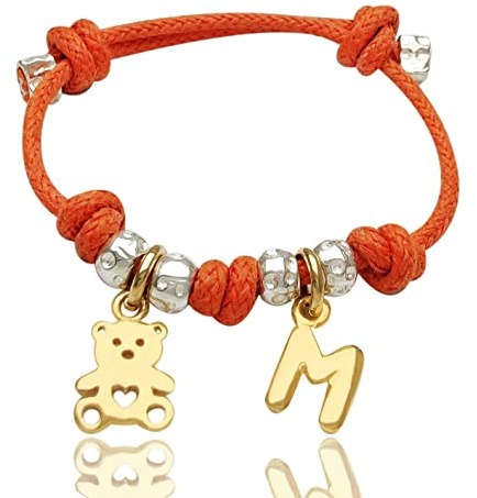 ViMon bracciale cordino colorato con ciondoli orsetto e lettera iniziale nome, in argento 925. Regalo bambino/bambina per nascita, battesimo, primi compleanni, comunione
