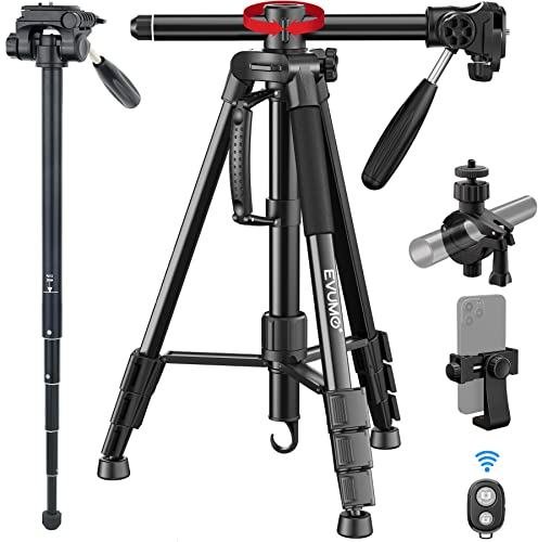 EVUMO Kamera Stativ 167cm, Aluminium Fotostativ, Video Stative, Tragbares Camera Tripod, Aluminium Stativ Kamera mit 90 Grad Schwenkbarer Mittelsäule, Dreibein-Stative Für DSLR Camcorder,Tragfähig 5kg