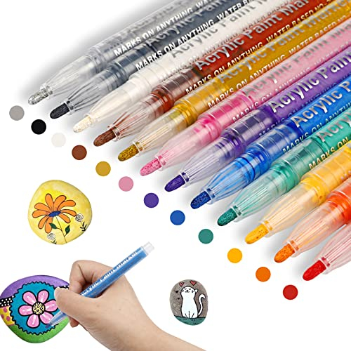 ABEIER Acrylstifte Marker Stifte,12 Farben Acrylstifte, Permanent Marker Stifte Wasserfest Acrylstifte für Erwachsene und Kinder DIY Keramik Porzellan Metall Kunststoff Holz Leinwand (2mm Spitze)