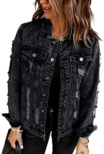 Necooer Black Denim Jacket Women Ripped Boyfriend Washed Denim Jean Coat Jacket Outwear
