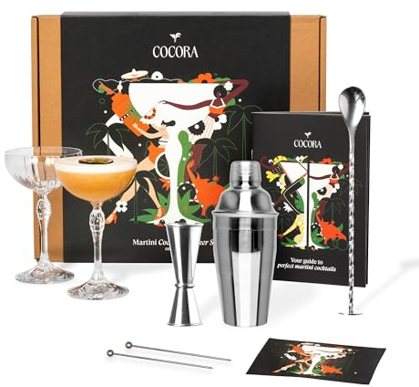Cocora Martini Cocktail Set Regalo | Set Barman da 8 Pezzi | Kit Cocktail | Shaker Cocktail | Dosatore Cocktail | Bicchieri Cocktail | Cucchiaio Cocktail | Idea Regalo | Eco Friendly (Silver)