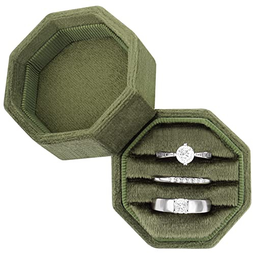 DesignSter Octagon 3 Slot Velvet Ring Box - Premium Wedding & Engagement Ring Bearer Box (Olive Green)