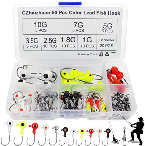 GZhaizhuan 50 STK Jigköpfe Angelhaken Set, Bunte Bleikopf Angelhaken mit Box für Süßwasser Salzwasser Angeln, 1/1.8/2.5/3.5/5/7/10g, mit 20 Angelanschluss