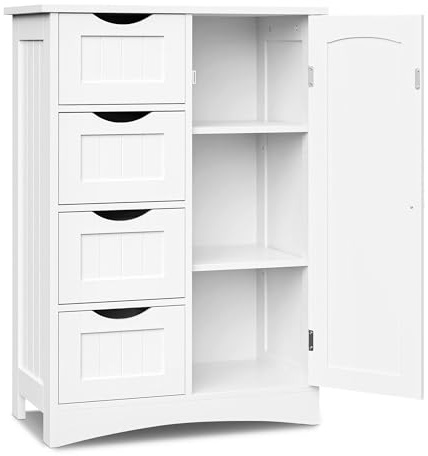 SUPER DEAL Bathroom Storage Cabinet with 4 Drawers and 1 Cupboard, Entryway Home Decor Furniture Towels Storage Organizer Unit, White