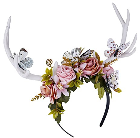 MOSTORY Fairy Antler Headband for Woodland Accessories, Flower Crwon with Pink Flower for Wedding Prom Cosplay Renaissance Halloween
