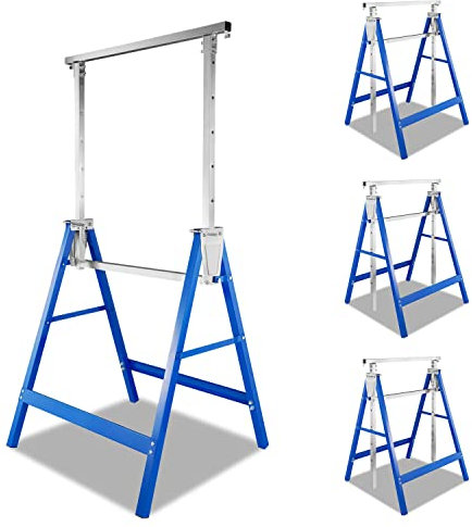 Daromigo Andamio de 4 caballetes de 7 alturas, altura regulable de 80 a 130 cm, plegable, de metal, capacidad de carga de 200 kg, color azul y plateado