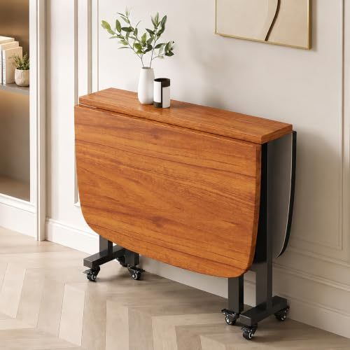 ZHUKER Tavolo da pranzo pieghevole, allungabile con ruote universali, in legno, salvaspazio, rettangolare, design con bordo rotondo, colore marrone, 120 x 80 cm