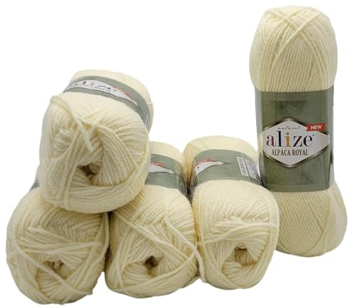 5 x 100 Gramm Ilkadim Export Alpaka Royal Strickwolle, 500 Gramm Strickgarn einfarbig mit 30% Alpakawolle (creme 01)