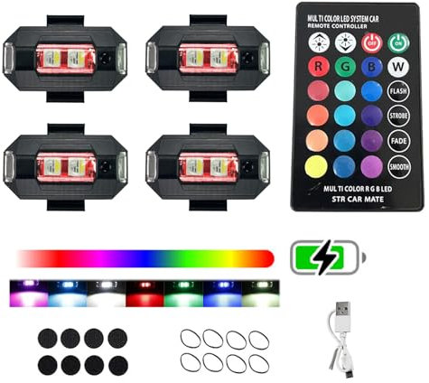 YiYFiT 4Pcs Little Led Aircraft Strobe Lights with Wireless Remote Control,7 Colors Flashing Warning Light USB Charging LED Strobe Drone Light for Vehicle,Motorcycle, Drone, Bicycle