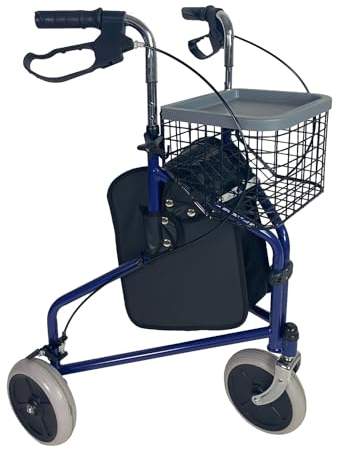 abc HOME | Rollator für Innenbereich | Metallkorb | Tasche | klappbar | verstellbare Höhe (Blau)