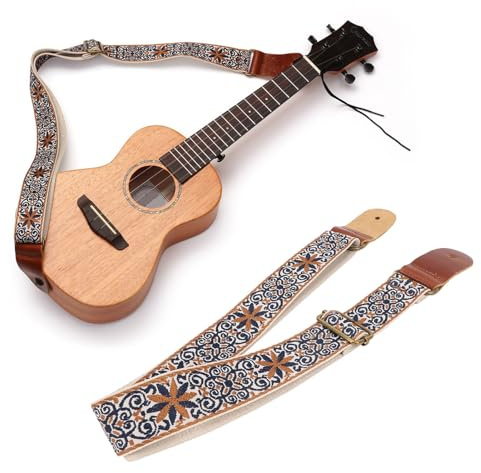Ukulele Strap, Embroidery Style Retro Ukulele Strap Metal Buckle Adjustable Breathable Shoulder Belt for Banjo Mandolin (Style 1)