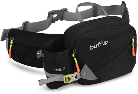 buffup® Bauchtasche mit flaschenhalter,hüfttasche Sport für Outdoor hundetraining Radfahren wandern Laufen,gürteltasche Damen Herren groß (Schwarz:)
