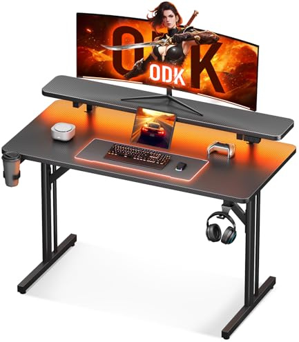 ODK Escritorio Gaming con Luces LED, 80x50cm, Fibra de Carbono Negro