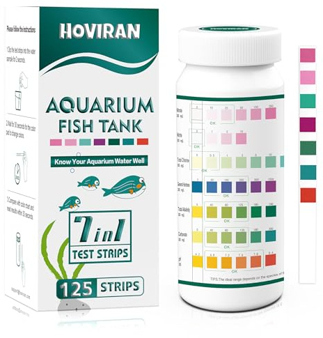7 Way Aquarium Test Strips, 125 Count Fish Tank Test Strips for Freshwater Saltwater Pond, Water Testing Kit Aquarium for Chlorine, Total Hardness, Carbonate, Alkalinity, Nitrate, Nitrite and pH