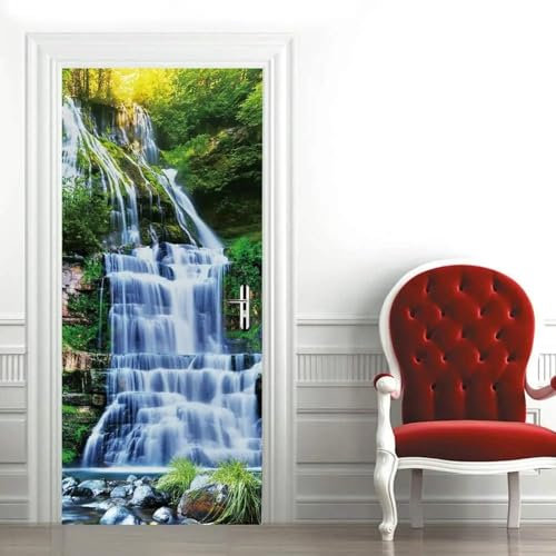 XAONUO 3D Türtapete Selbstklebend Türposter Wasserfall Pflanzen Grün Landschaft 90X210Cm Abnehmbares Diy Vinyl Wasserdichte Selbstklebende Tür Wandtattoos Für Schlafzimmer Büro Badezimmer