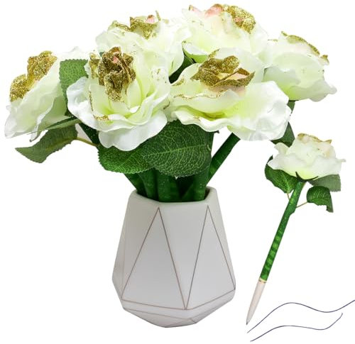 SIPLIV 12 bolígrafos de flores artificiales con forma de rosa, bolígrafo de tinta de gel de tinta azul, bolígrafo de escritura de flores para suministros de oficina escolar, decoración de recuerdos de
