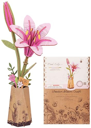 ROBOTIME 3D Holzpuzzle Künstliche Blumen Modellbausätze für Erwachsene zum Bauen, Kreative Wohnkultur, Accessoires Wohnzimmer, Geschenke für Frauen am Valentinstag, Blumenstrauß (Rosa Lilie)