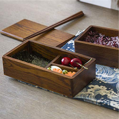 Boîte à bento japonaise à sushi, récipients alimentaires rectangulaires en bois à double couche, stockage portable des aliments pour fruits/sandwichs pour les voyages, l'école, le camping, restez en b