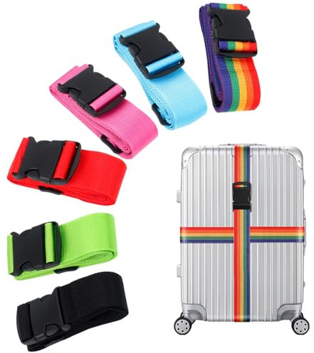 Coztie Koffergurt, 6 Stück Gepäckband, Gurt mit Schnalle für Reisen, Einstellbare Kofferband, 5 x 200 cm, Rainbow, Black, Red, Blue, Green, Pink