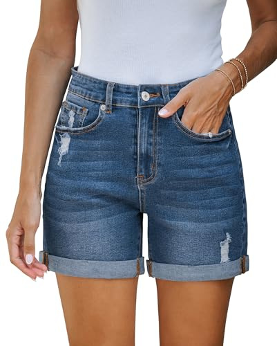 Vetinee Donna Jeans Shorts Strappati High Waist Estivi Baggy Pantaloncini Blu Crepuscolo Taglia Small: EU 34-36